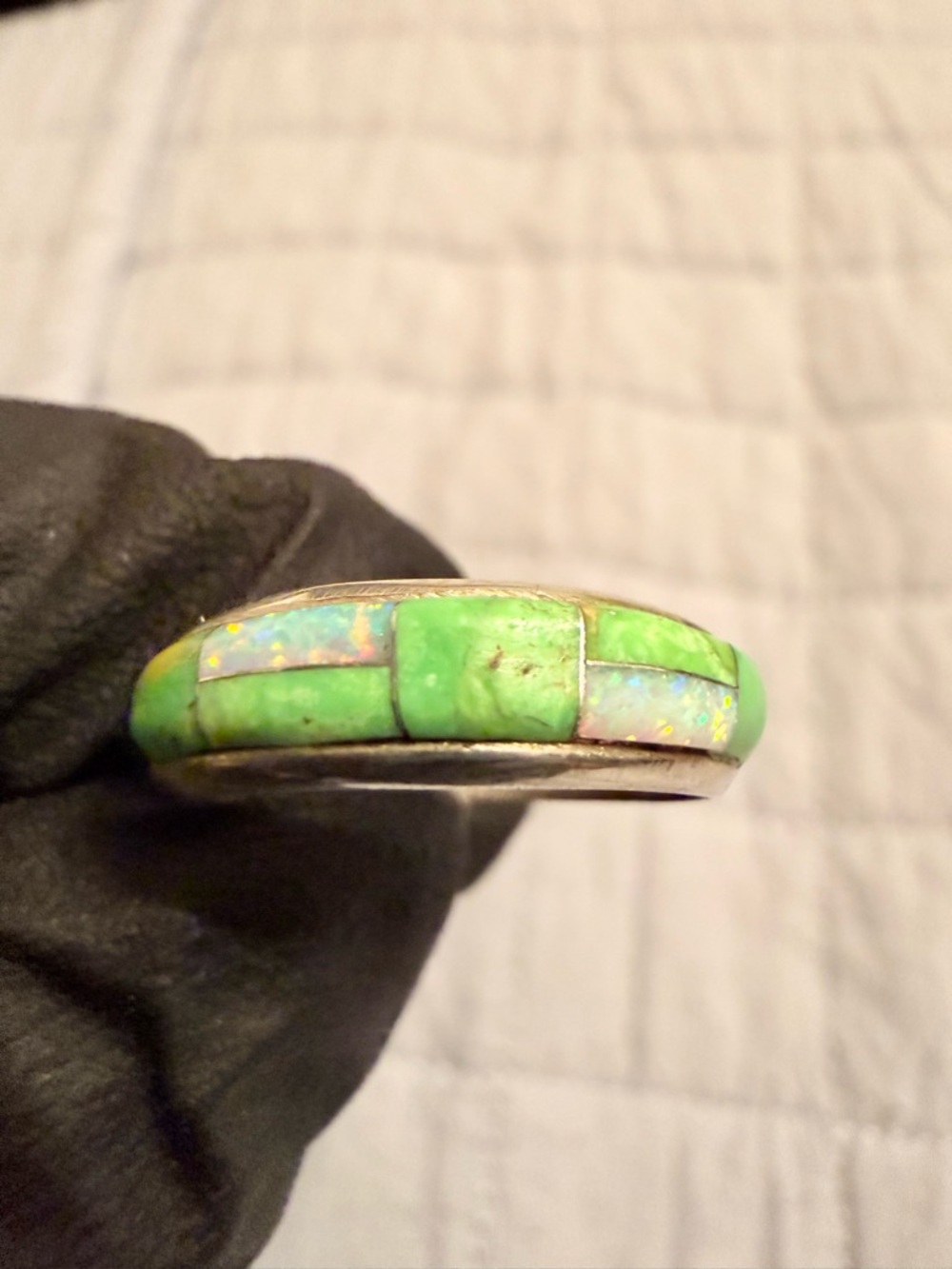 Sterling Silver Green Inlay Opal Ring